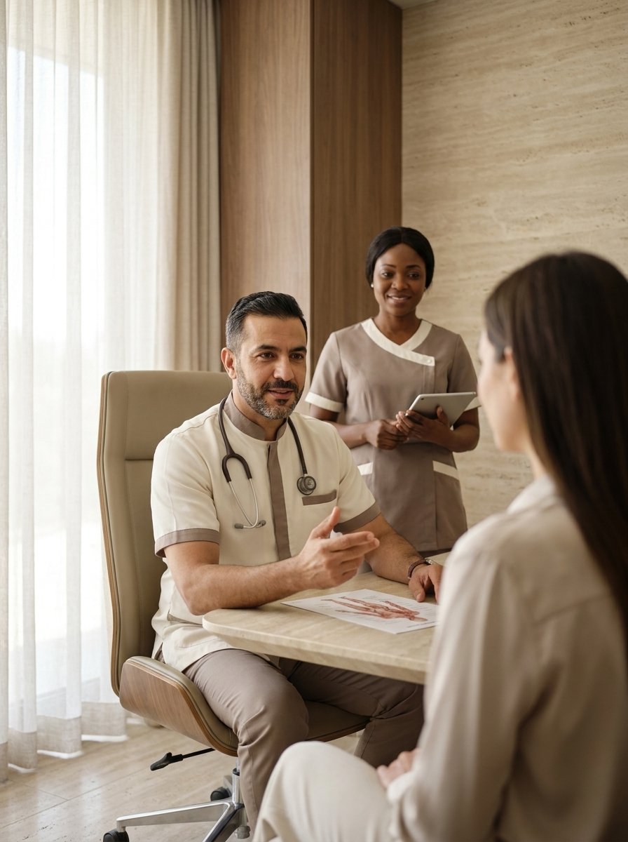 Chirurgien et membre de l’équipe médicale pendant une consultation
